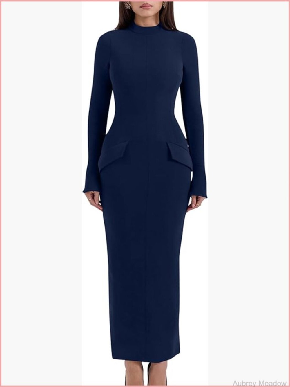 Long Sleeve Mock Turtle Neck Bodycon Pencil Dress with Back Slit - Picture 1 of 7